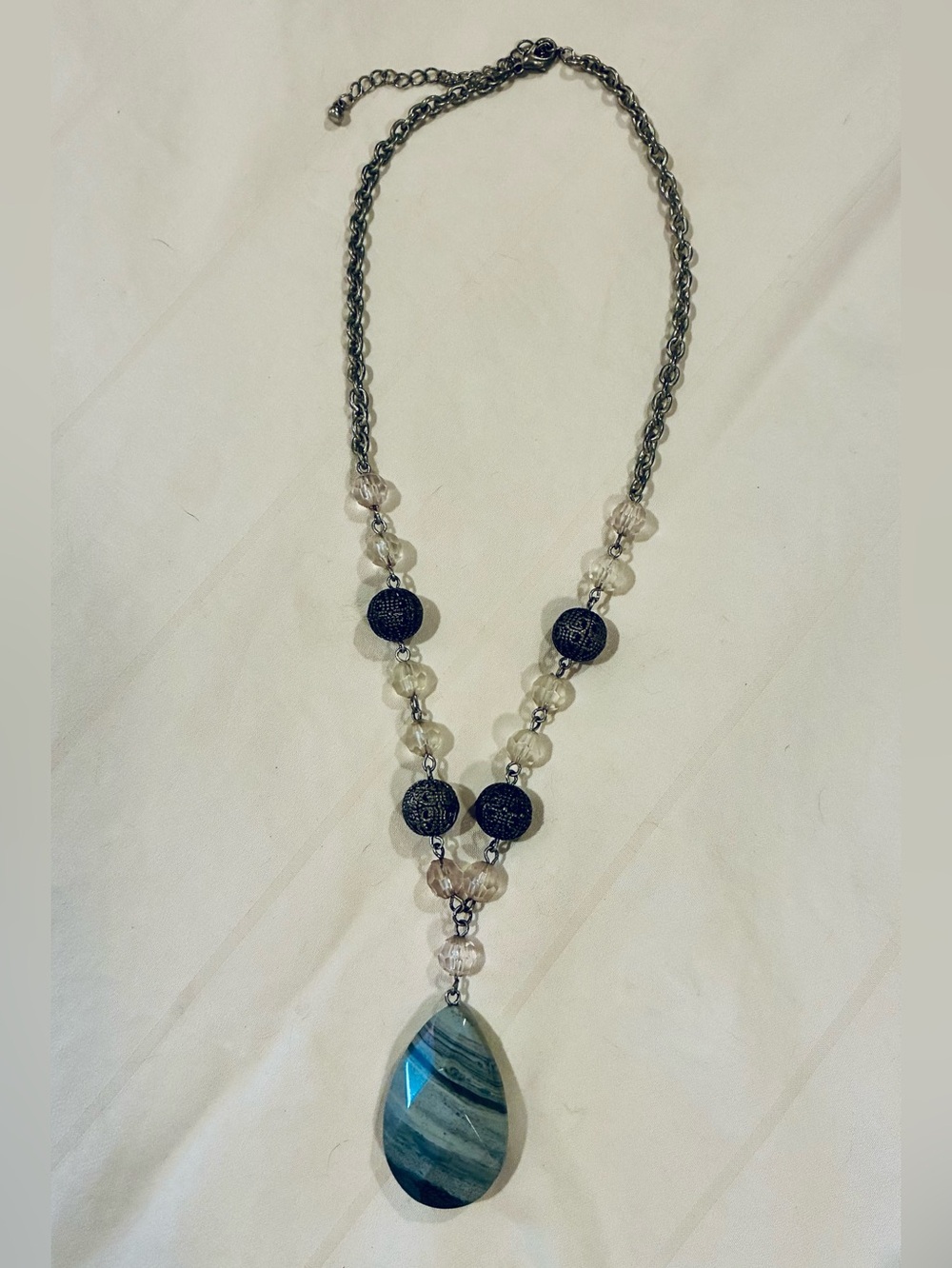 Gray Striped Teardrop Pendant Necklace w/ 3” Extender